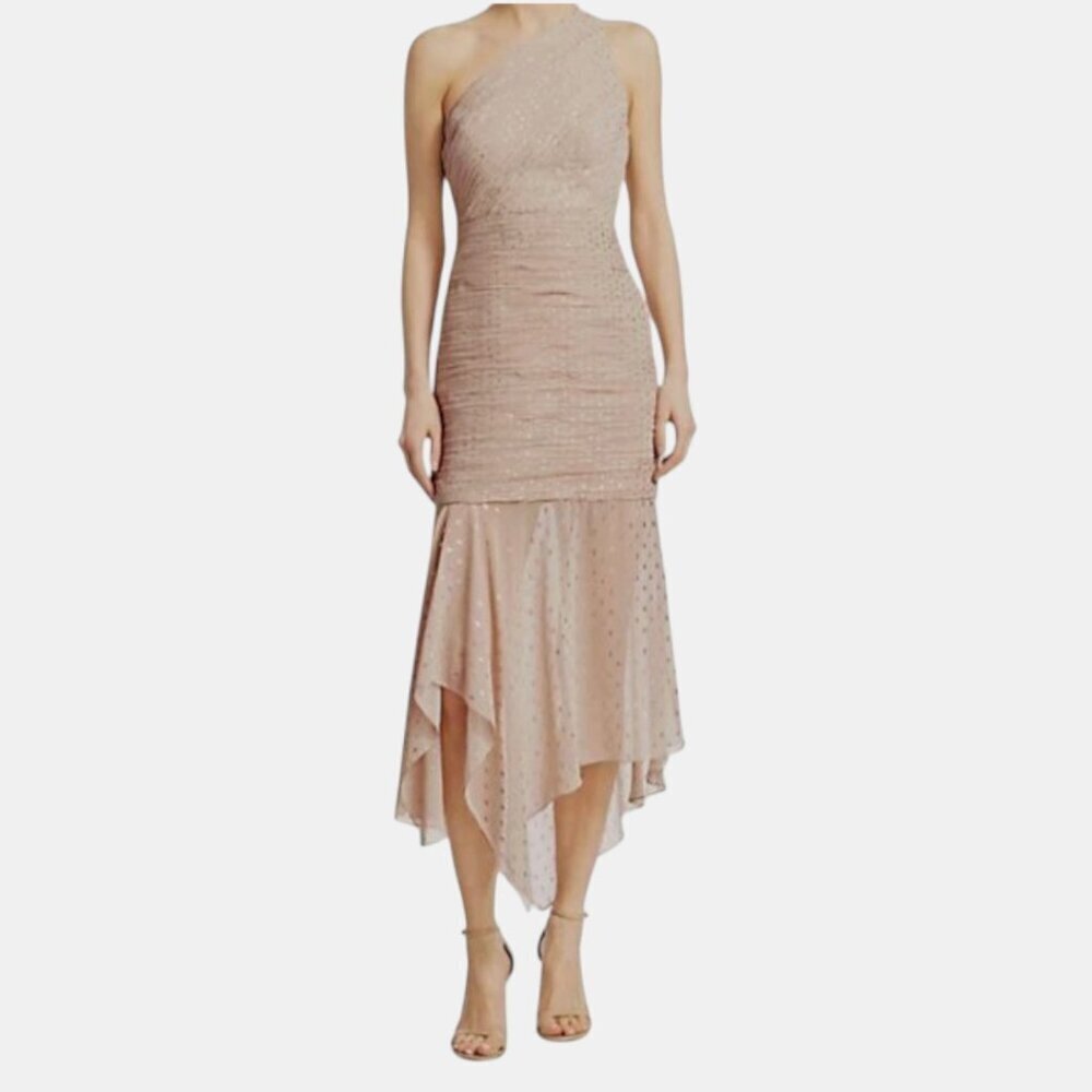 HALSTON One Shoulder Pleated Metallic Chiffon Dress, Champagne Gold, 8